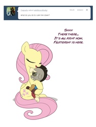 Size: 714x945 | Tagged: safe, artist:anima-dos, discord, fluttershy, draconequus, pegasus, pony, ask baby discord, g4, age regression, ask, baby, baby discord, baby draconequus, comforting, cradling, crying, cute, dialogue, discute, duo, duo male and female, eyes closed, female, frown, hug, male, sad, simple background, smiling, tumblr, white background