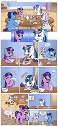 Size: 1200x2595 | Tagged: safe, artist:muffinshire, night light, shining armor, twilight sparkle, twilight velvet, pony, unicorn, comic:twilight's first day, g4, blushing, bomb ass tea, breakfast, cereal, comic, cute, dexterous hooves, drinking, eating, egg, eyes closed, female, filly, foal, food, honey, juice, magic, male, mare, meme origin, muffin, newspaper, open mouth, reading, slice of life, sonic rainboom, sparkle family, stallion, sweet dreams fuel, tea, teapot, toast, twiabetes