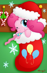 Size: 581x900 | Tagged: safe, artist:angelbless, pinkie pie, pony, g4, candy, candy cane, christmas, christmas stocking, cute, cutie mark, diapinkes, female, food, holiday, needs more saturation, one eye closed, party horn, snow, snowflake, solo, wink