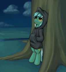 Size: 1007x1100 | Tagged: safe, artist:lurarin, lyra heartstrings, pony, unicorn, fanfic:background pony, g4, background pony, bipedal, clothes, cloud, female, frown, hoodie, looking up, mare, night, no catchlights, outdoors, ponies wearing black, solo, stars, tree