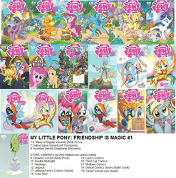 Size: 1000x1012 | Tagged: safe, idw, official comic, angel bunny, apple bloom, applejack, derpy hooves, dj pon-3, doctor whooves, fluttershy, gummy, opalescence, owlowiscious, pinkie pie, princess celestia, princess luna, rainbow dash, rarity, scootaloo, spike, spitfire, sweetie belle, tank, time turner, twilight sparkle, vinyl scratch, winona, zecora, pegasus, pony, zebra, g4, comic, cover, covers, female, idw advertisement, mare, wonderbolts