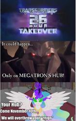 Size: 601x960 | Tagged: safe, edit, edited screencap, screencap, princess celestia, g4, the crystal empire, comparison, corrupted celestia, megatron, megatron's hub, roflbot, slag, the hub, transformers, transformers prime