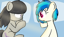 Size: 1280x747 | Tagged: safe, artist:erthilo, dj pon-3, octavia melody, vinyl scratch, g4, bed, female, lesbian, ship:scratchtavia, shipping, short hair