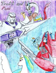 Size: 900x1163 | Tagged: safe, artist:frostedicefire, discord, princess celestia, rainbow dash, g4, comic, megatron, optimus prime, traditional art, transformers, transformers prime