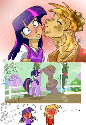 Size: 706x1024 | Tagged: safe, artist:yuramec, edit, edited screencap, screencap, big macintosh, twilight sparkle, human, g4, the return of harmony, ..., behaving like a dog, big macindog, blushing, blushing profusely, comic, discorded, face licking, female, humanized, licking, male, scene interpretation, screencap reference, ship:twimac, shipping, straight