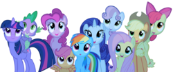 Size: 4000x1678 | Tagged: safe, artist:stinkehund, apple bloom, applejack, fluttershy, pinkie pie, rainbow dash, rarity, scootaloo, spike, sweetie belle, twilight sparkle, dragon, earth pony, pegasus, pony, unicorn, g4, owl's well that ends well, cutie mark crusaders, female, filly, foal, looking up, male, mane seven, mane six, mare, simple background, transparent background, vector
