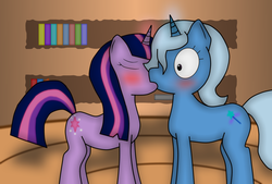 Size: 2729x1841 | Tagged: safe, artist:theunsespectedbrony, trixie, twilight sparkle, pony, unicorn, g4, blushing, duo, female, kiss on the lips, kissing, lesbian, ship:twixie, shipping, surprise kiss, surprised