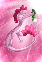 Size: 896x1300 | Tagged: safe, artist:weirdofish, gummy, pinkie pie, dragon, g4, dragonified, pink background, pinkiedragon, simple background, species swap