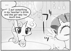 Size: 545x390 | Tagged: safe, rarity, sweetie belle, pony, unicorn, g4, ..., exploitable meme, female, filly, innocent innuendo, many many pony, mare, meme, monochrome, mug, spit take