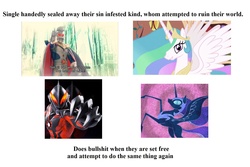 Size: 1878x1252 | Tagged: safe, nightmare moon, princess celestia, g4, text, ultraman, ultraman belial, ultraman king