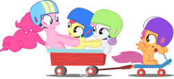 Size: 3904x1785 | Tagged: safe, artist:stinkehund, apple bloom, pinkie pie, scootaloo, sweetie belle, earth pony, pegasus, pony, unicorn, g4, season 1, the cutie mark chronicles, cart, cutie mark crusaders, female, filly, foal, helmet, mare, scooter, simple background, transparent background, vector, wagon