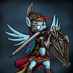 Size: 750x750 | Tagged: dead source, safe, artist:silentbutbeardly, rainbow dash, g4, armor, crossover, mouth hold, shield, skyrim, sword, the elder scrolls