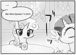 Size: 546x395 | Tagged: safe, rarity, sweetie belle, pony, unicorn, g4, ..., exploitable meme, female, filly, many many pony, mare, meme, monochrome, mug, spit take, star wars, star wars: the force awakens