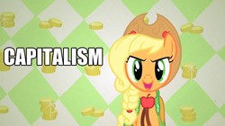 Size: 1425x800 | Tagged: safe, applejack, g4, capitalism, clothes, dress, gala dress, image macro