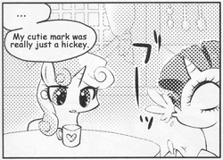 Size: 545x390 | Tagged: safe, rarity, sweetie belle, pony, unicorn, g4, ..., comic, exploitable meme, female, filly, many many pony, mare, meme, monochrome, mug, spit take