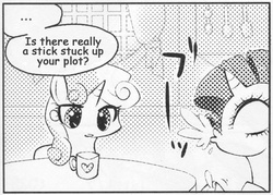 Size: 545x390 | Tagged: safe, rarity, sweetie belle, pony, unicorn, g4, ..., exploitable meme, female, filly, implied anal insertion, implied insertion, many many pony, mare, meme, monochrome, mug, spit take