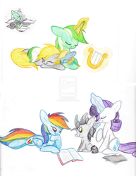 Size: 1600x2071 | Tagged: safe, artist:selective-yellow, rainbow dash, rarity, g4, female, foal, lesbian, magical lesbian spawn, offspring, parent:derpy hooves, parent:lyra heartstrings, parent:rainbow dash, parent:rarity, parents:lyraderp, parents:raridash, ship:raridash, shipping, traditional art