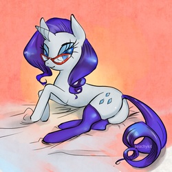 Size: 900x900 | Tagged: safe, artist:peachykit, rarity, pony, unicorn, g4, clothes, female, glasses, mare, prone, rarity's glasses, socks, solo