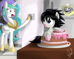 Size: 2500x2000 | Tagged: safe, artist:zorbitas, princess celestia, g4, cake, crossover, cute, death note, hat, l, l lawliet, messy eating, nightcap, ponified, trollface
