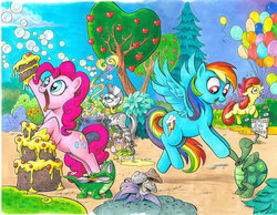 Size: 900x698 | Tagged: safe, artist:andy price, idw, apple bloom, gummy, pinkie pie, rainbow dash, tank, zecora, alligator, earth pony, pegasus, pony, tortoise, zebra, g4, official, apple, apple tree, balloon, bipedal, brew, bubble, cake, cauldron, comic cover, cover, cute, dancing, eating, female, filly, flying, glowing eyes, idw advertisement, mare, mouth hold, mushroom, no logo, open mouth, record, textless, tongue out, tree