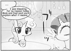 Size: 545x390 | Tagged: safe, rarity, sweetie belle, pony, unicorn, g4, ..., exploitable meme, female, filly, many many pony, mare, meme, menstruation, monochrome, mug, spit take