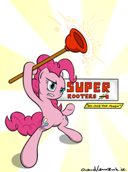 Size: 900x1208 | Tagged: safe, artist:onsaud, artist:saw-buck, pinkie pie, earth pony, pony, g4, bipedal, female, plunger, sign, solo