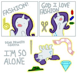 Size: 668x630 | Tagged: safe, rarity, pony, unicorn, g4, clothes, comic, dot eyes, fashion, female, gem, hat, i'm so alone, lying down, mare, measuring tape, needle, on back, scarf, scissors, solo, that pony sure does love fashion