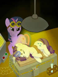 Size: 1952x2596 | Tagged: safe, artist:robbergon, rarity, twilight sparkle, g4, goggles, laboratory, science