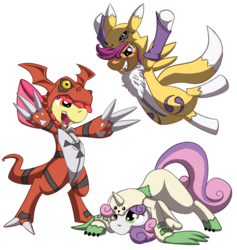 Size: 1058x1117 | Tagged: safe, artist:dsurion, apple bloom, scootaloo, sweetie belle, guilmon, pony, renamon, terriermon, g4, costume, cutie mark crusaders, digimon, digimon tamers, female, filly, foal, simple background, transparent background, trio