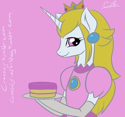 Size: 854x800 | Tagged: safe, artist:crosscjr, princess celestia, pony, g4, 30 minute art challenge, bipedal, cake, cosplay, costume, looking at you, princess peach, super mario bros.