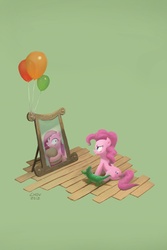 Size: 601x902 | Tagged: safe, artist:chowdown, gummy, pinkie pie, g4, balloon, duality, mirror, pinkamena diane pie