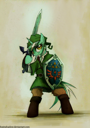 Size: 706x1000 | Tagged: safe, artist:foxinshadow, lyra heartstrings, pony, unicorn, g4, bipedal, female, hylian shield, link, master sword, parody, shield, solo, sword, the legend of zelda