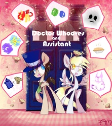 Size: 1080x1224 | Tagged: dead source, safe, artist:yuji8sushi, derpy hooves, doctor whooves, time turner, earth pony, pegasus, pony, doctor whooves and assistant, g4, doctor who, duo, female, male, mare, necktie, raised hoof, stallion, tardis, the doctor