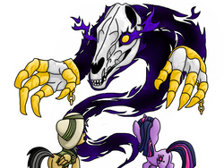 Size: 1024x768 | Tagged: safe, artist:rambopvp, daring do, twilight sparkle, ghost, pegasus, pony, unicorn, g4, butt, chains, horse skull, monster, plot, skeletal hands, skeletal limbs