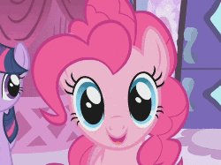 Size: 500x374 | Tagged: safe, edit, edited screencap, screencap, pinkie pie, twilight sparkle, earth pony, pony, g4, animated, female, looking at you, smiling