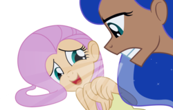 Size: 1760x1123 | Tagged: safe, artist:trinityinyang, fluttershy, princess luna, human, g4, luna eclipsed, dark skin, halitosis, humanized, scene interpretation, simple background, traditional royal canterlot voice, transparent background