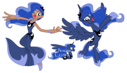 Size: 4032x2312 | Tagged: safe, artist:trinityinyang, princess luna, alicorn, human, pony, g4, bracelet, clothes, dress, ethereal hair, ethereal mane, ethereal tail, human ponidox, humanized, jewelry, moderate dark skin, simple background, skinny, tail, thin, tiara