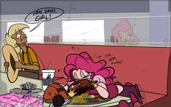 Size: 1411x886 | Tagged: safe, artist:ross irving, applejack, fluttershy, pinkie pie, human, g4, eating, fat, humanized