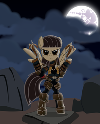 Size: 3228x4000 | Tagged: safe, artist:masterrottweiler, wild fire, pegasus, pony, g4, crossover, demon hunter, diablo (series), diablo iii, female, mare, mare in the moon, moon, sibsy, solo, unamused, wild fire is not amused