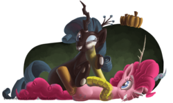 Size: 900x539 | Tagged: safe, artist:fiddlearts, discord, pinkie pie, queen chrysalis, rarity, draconequus, dragon, earth pony, pony, unicorn, g4, costume, cutie mark, draconequified, duo, fangs, female, horn, looking at each other, lying down, on back, one eye closed, pumpkin, simple background, smiling, species swap, transparent background, wink