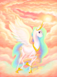 Size: 3010x4000 | Tagged: safe, artist:bellacielo, princess celestia, pony, g4, cloud, cloudy, female, flying, solo