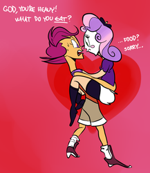 Size: 667x769 | Tagged: safe, artist:ross irving, scootaloo, sweetie belle, human, g4, humanized, ship:scootabelle, shipping