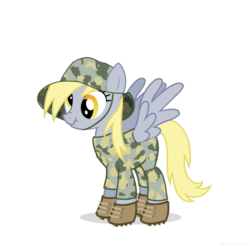 Size: 902x886 | Tagged: safe, artist:ponyrake, derpy hooves, pegasus, pony, g4, camouflage, clothes, female, hat, mare, simple background, solo, spread wings, transparent background, uniform, wings