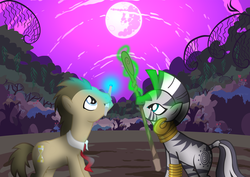 Size: 2315x1637 | Tagged: safe, artist:trotsworth, doctor whooves, time turner, zecora, earth pony, pony, zebra, g4, crossover, doctor who, duo, female, male, mare, mare in the moon, moon, night, sonic screwdriver, stallion, the doctor, twilight (astronomy)