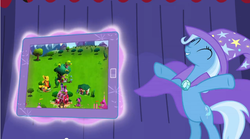 Size: 853x474 | Tagged: safe, gameloft, screencap, trixie, twilight sparkle, pony, unicorn, g4, my little pony: magic princess, official, 3d, advertisement, banner, barn, blue coat, blue fur, blue mane, blue tail, book, cape, clothes, curtains, flower, game, golden oaks library, hat, hay bale, house, ipad, mobile game, purple coat, purple fur, purple mane, purple tail, sign, store, tablet, tail, teaser, trailer, tree, trixie's cape, trixie's hat, video game, well, windmill