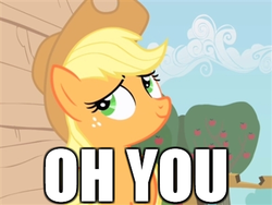 Size: 400x301 | Tagged: safe, edit, edited screencap, screencap, applejack, earth pony, pony, g4, apple tree, cowboy hat, female, hat, image macro, oh you, reaction image, solo, stetson