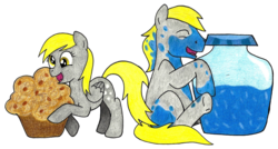 Size: 1024x548 | Tagged: safe, artist:sandy--apples, derpy hooves, hugh jelly, earth pony, pegasus, pony, g4, female, jelly, male, mare, muffin, stallion