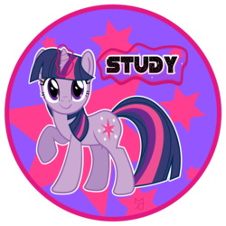 Size: 735x735 | Tagged: safe, artist:zobe, twilight sparkle, pony, unicorn, g4, abstract background, female, glowing horn, horn, looking at you, mare, raised hoof, round, smiling, solo, standing, study