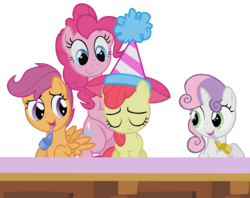 Size: 3500x2769 | Tagged: safe, artist:dipi11, apple bloom, pinkie pie, scootaloo, sweetie belle, earth pony, pegasus, pony, unicorn, g4, the cutie pox, bipedal, cutie mark crusaders, hat, party hat, party horn, sad, simple background, transparent background, vector