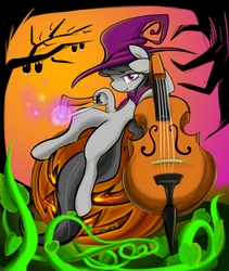 Size: 910x1080 | Tagged: safe, artist:pupupu6000, octavia melody, bat, earth pony, pony, g4, cello, costume, female, halloween, holiday, jack-o-lantern, mare, musical instrument, pumpkin, solo, witch